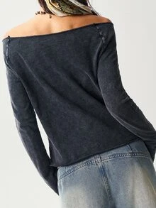 Bohemela Women's Casual Solid Color Knit Boat Neck Long Sleeve Washed T-Shirt - Black - View 7