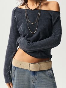 Bohemela Women's Casual Solid Color Knit Boat Neck Long Sleeve Washed T-Shirt - Black - View 3