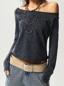 Bohemela Women's Casual Solid Color Knit Boat Neck Long Sleeve Washed T-Shirt - Black - View 6