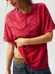 Bohemela Camiseta de manga corta de verano para mujer con cuello redondo, de corte holgado, lavada y con estampado de pentágono de unicolor - Rojo - Ver 6