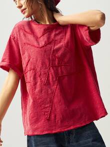 Bohemela Camiseta de manga corta de verano para mujer con cuello redondo, de corte holgado, lavada y con estampado de pentágono de unicolor - Rojo - Ver 5