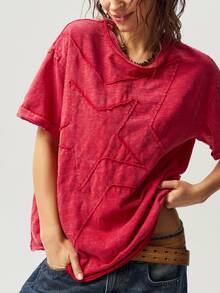 Bohemela Camiseta de manga corta de verano para mujer con cuello redondo, de corte holgado, lavada y con estampado de pentágono de unicolor - Rojo - Ver 4