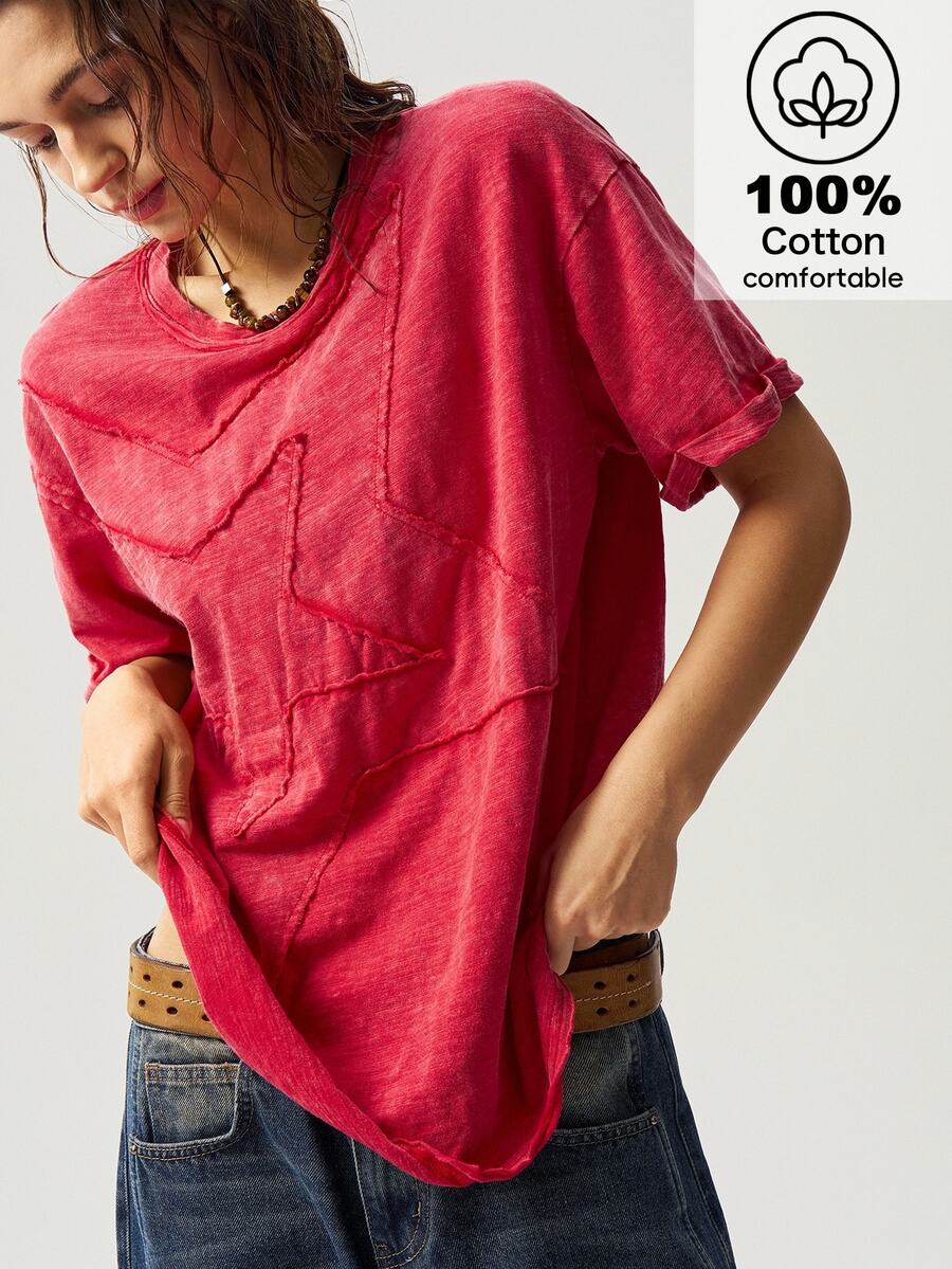 Bohemela Camiseta de manga corta de verano para mujer con cuello redondo, de corte holgado, lavada y con estampado de pentágono de unicolor