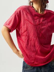 Bohemela Camiseta de manga corta de verano para mujer con cuello redondo, de corte holgado, lavada y con estampado de pentágono de unicolor - Rojo - Ver 7
