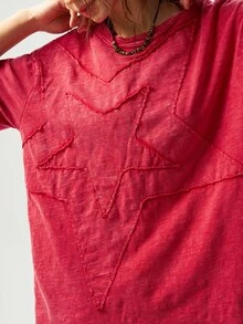 Bohemela Camiseta de manga corta de verano para mujer con cuello redondo, de corte holgado, lavada y con estampado de pentágono de unicolor - Rojo - Ver 3