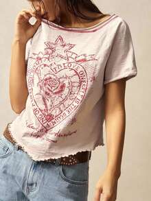 Bohemela 1 件女式纯色针织圆领短袖修身水洗 T 恤 - 淺粉色 - 查看 5