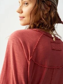 Bohemela Vacation Solid Color Knitted Round Neck Dolman Sleeve Long Loose Women T-Shirt Travel Burnt Orange Autumn Casual - Red - View 6
