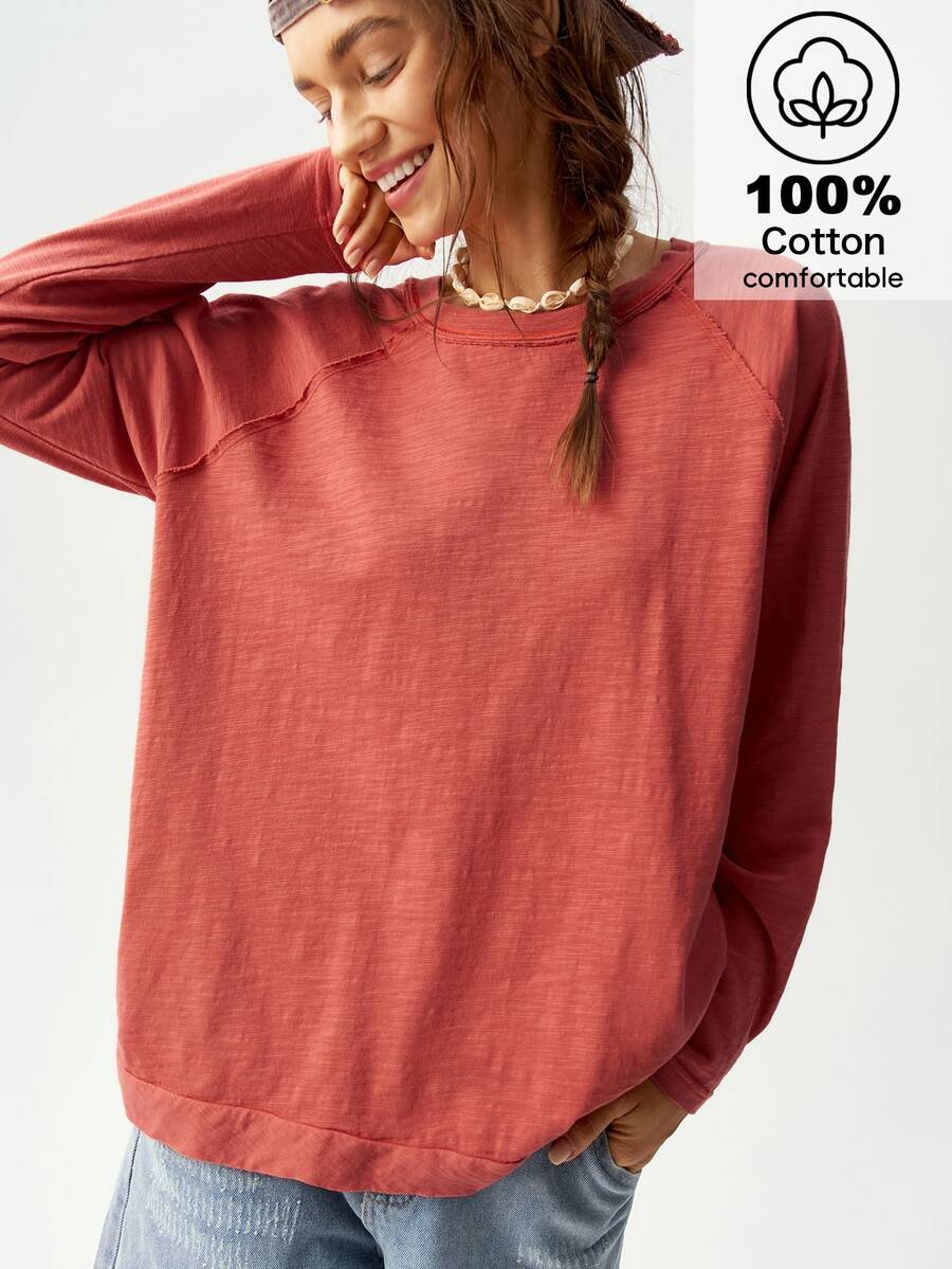 Bohemela Vacation Solid Color Knitted Round Neck Dolman Sleeve Long Loose Women T-Shirt Travel Burnt Orange Autumn Casual - Red - View 1