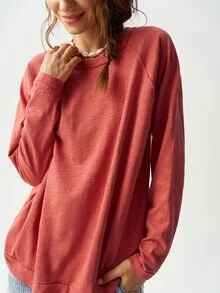 Bohemela Vacation Solid Color Knitted Round Neck Dolman Sleeve Long Loose Women T-Shirt Travel Burnt Orange Autumn Casual - Red - View 7