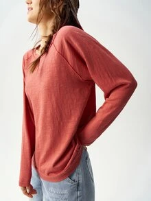 Bohemela Vacation Solid Color Knitted Round Neck Dolman Sleeve Long Loose Women T-Shirt Travel Burnt Orange Autumn Casual - Red - View 3