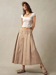 Bohemela Women's Solid Color Pleated Loose Wide Leg Pants For Vacation - Khaki - View 2