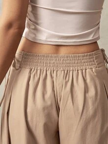 Bohemela Women's Solid Color Pleated Loose Wide Leg Pants For Vacation - Khaki - View 6