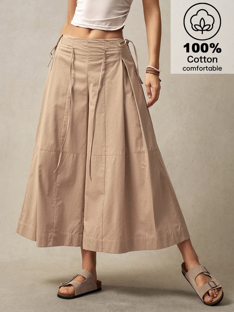 Bohemela Women's Solid Color Pleated Loose Wide Leg Pants For Vacation - Khaki - View 1