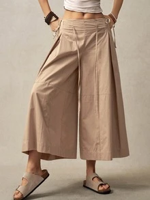Bohemela Women's Solid Color Pleated Loose Wide Leg Pants For Vacation - Khaki - View 3