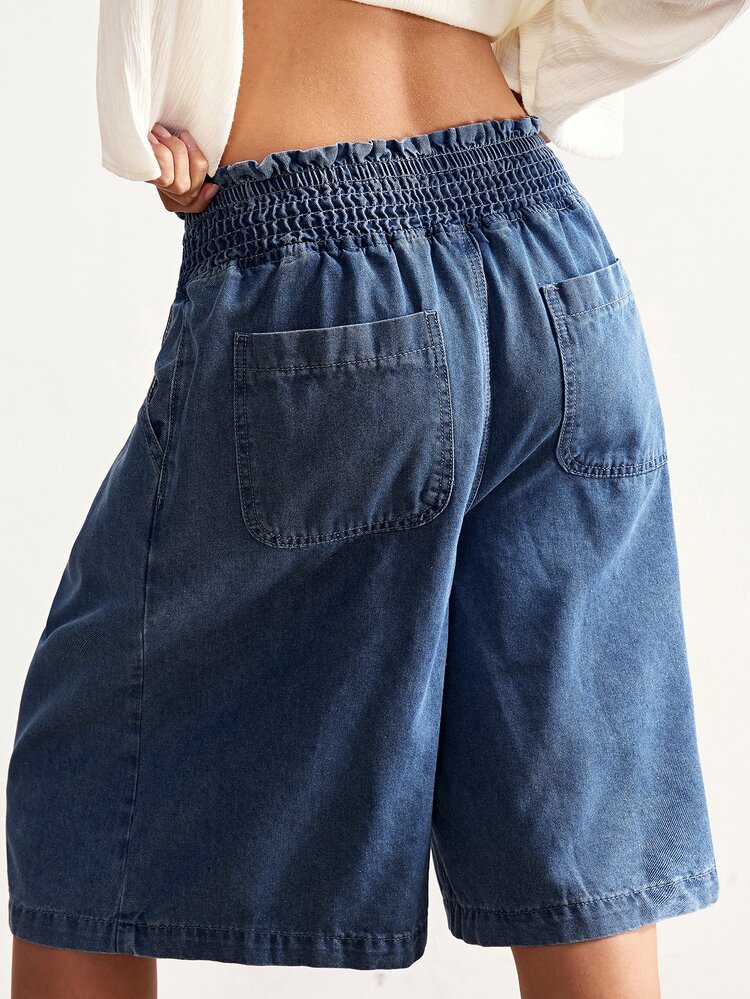 Bohemela Women's Casual Solid Color Woven Denim Loose Wide Leg Bermuda Shorts - Medium Wash - View 7