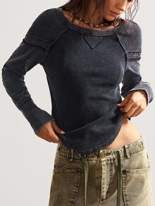 Bohemela Women's Casual Solid Color Knit Crew Neck Long Sleeve Washed T-Shirt - Black - View 4