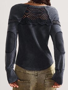 Bohemela Women's Casual Solid Color Knit Crew Neck Long Sleeve Washed T-Shirt - Black - View 5
