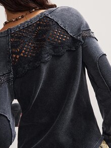 Bohemela Women's Casual Solid Color Knit Crew Neck Long Sleeve Washed T-Shirt - Black - View 3
