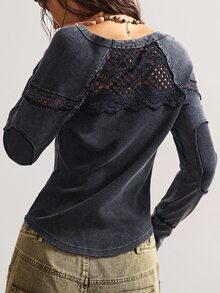Bohemela Women's Casual Solid Color Knit Crew Neck Long Sleeve Washed T-Shirt - Black - View 7