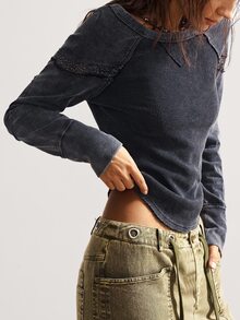 Bohemela Women's Casual Solid Color Knit Crew Neck Long Sleeve Washed T-Shirt - Black - View 2