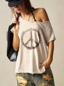 Bohemela 夏季復活節音樂節露肩純色針織寬鬆大碼大圓領短袖水洗女款T恤，電音派對上衣 - 杏色 - 查看 4