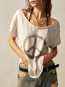 Bohemela 夏季復活節音樂節露肩純色針織寬鬆大碼大圓領短袖水洗女款T恤，電音派對上衣 - 杏色 - 查看 3