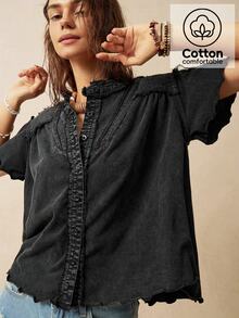 Bohemela Women's Solid Color Short Sleeve Casual Vacation Loose Shirt - Black - View 1