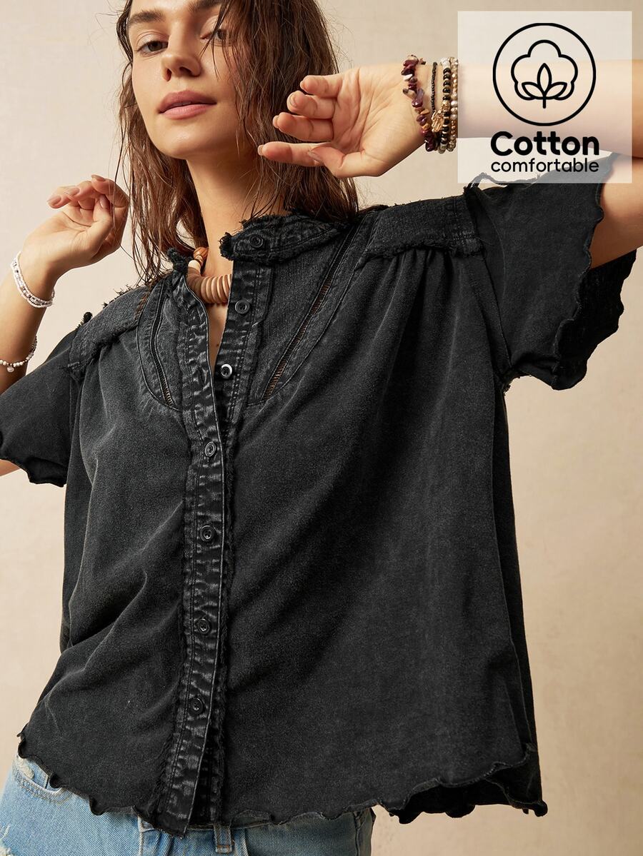 Bohemela Women's Solid Color Short Sleeve Casual Vacation Loose Shirt - Black - View 1