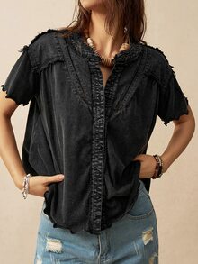 Bohemela Women's Solid Color Short Sleeve Casual Vacation Loose Shirt - Black - View 4