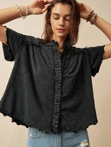Bohemela Women's Solid Color Short Sleeve Casual Vacation Loose Shirt - Black - View 3
