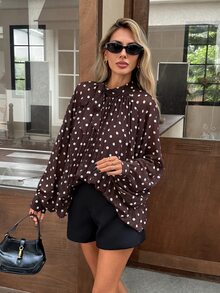 Serisse Women's Fashion Polka Dot Print Vacation Long Sleeve Pleated Blouse - Brown - View 4