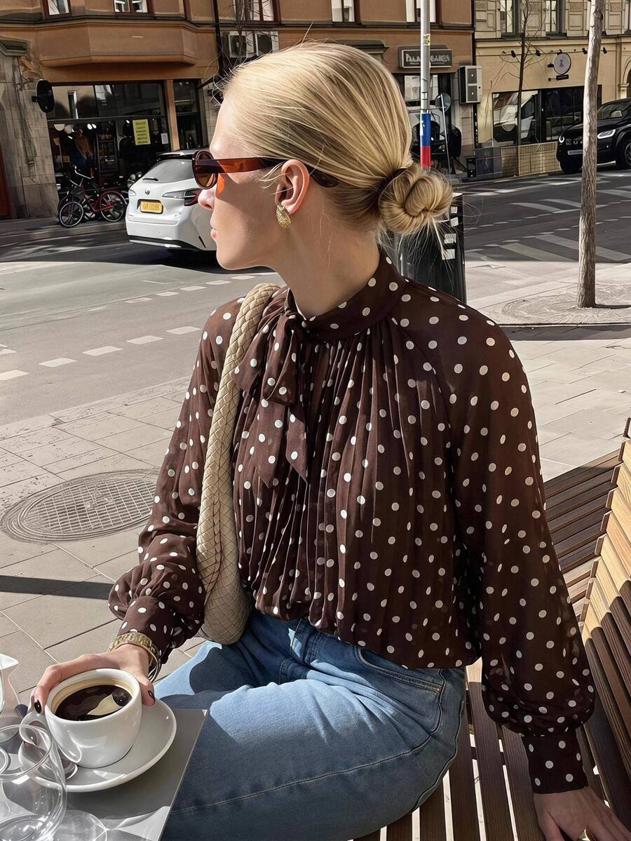 Serisse Women's Fashion Polka Dot Print Vacation Long Sleeve Pleated Blouse - Brown - View 1