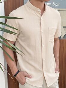 EASEVO Men's Plus Size Short Sleeve Single-Breasted Pocket Shirt With Small Stand Collar - Apricot - View 7