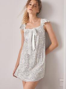 Ocili Diamond Pattern Soft Comfortable Bowknot Frill Trim Women's Loungewear Dress - Multicolor - View 5