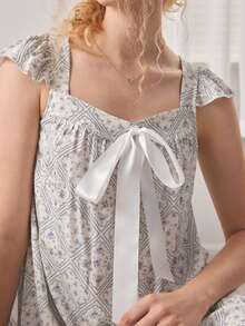 Ocili Diamond Pattern Soft Comfortable Bowknot Frill Trim Women's Loungewear Dress - Multicolor - View 7