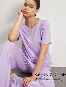 Ocili 女款舒適絲滑短袖上衣與長褲家居服套裝 - 紫色 - 查看 1