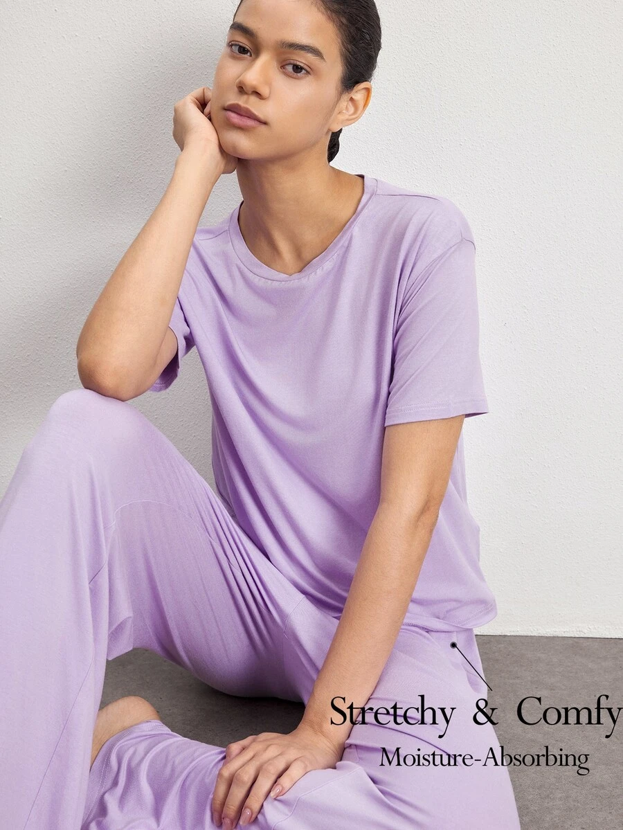 Ocili 女款舒適絲滑短袖上衣與長褲家居服套裝 - 紫色 - 查看 1