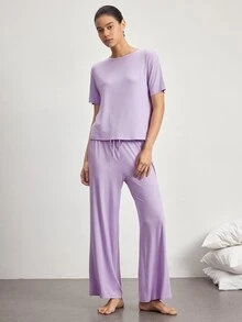 Ocili 女款舒適絲滑短袖上衣與長褲家居服套裝 - 紫色 - 查看 4