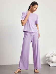 Ocili 女款舒適絲滑短袖上衣與長褲家居服套裝 - 紫色 - 查看 2