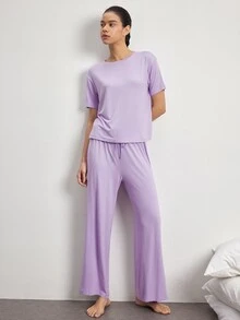 Ocili 女款舒適絲滑短袖上衣與長褲家居服套裝 - 紫色 - 查看 7