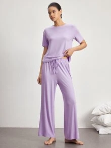 Ocili 女款舒適絲滑短袖上衣與長褲家居服套裝 - 紫色 - 查看 5
