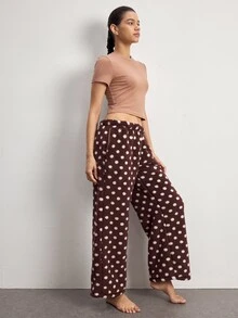Ocili Women's Solid Color Cropped Top And Polka Dot Print Pocket Long Pants Loungewear Set - Apricot - View 7