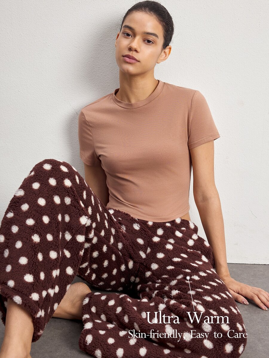 Ocili Women's Solid Color Cropped Top And Polka Dot Print Pocket Long Pants Loungewear Set - Apricot - View 1