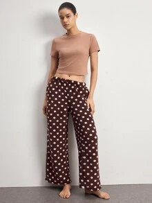 Ocili Women's Solid Color Cropped Top And Polka Dot Print Pocket Long Pants Loungewear Set - Apricot - View 2