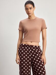 Ocili Women's Solid Color Cropped Top And Polka Dot Print Pocket Long Pants Loungewear Set - Apricot - View 5
