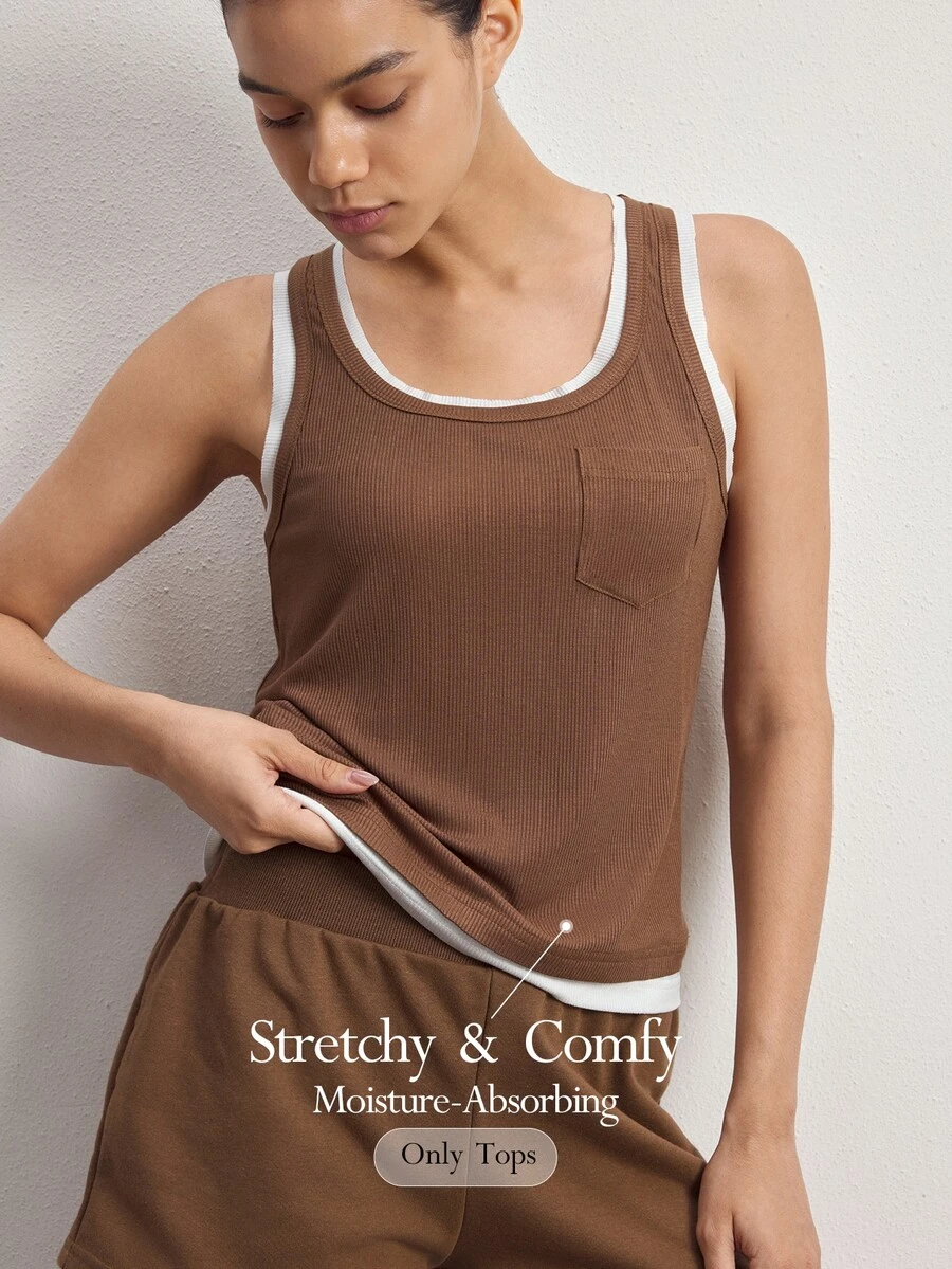 Ocili Women's Colorblock Patchwork Sleeveless Loungewear Top - Khaki - View 1