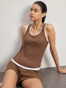 Ocili Women's Colorblock Patchwork Sleeveless Loungewear Top - Khaki - View 2
