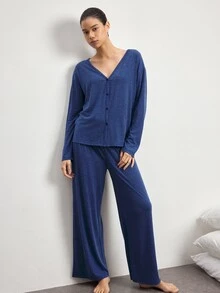 Ocili 極簡舒適無領軟質女款居家休閒套裝 - 水鴨藍 - 查看 6