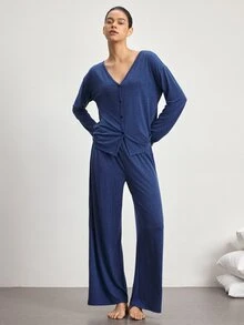 Ocili 極簡舒適無領軟質女款居家休閒套裝 - 水鴨藍 - 查看 4