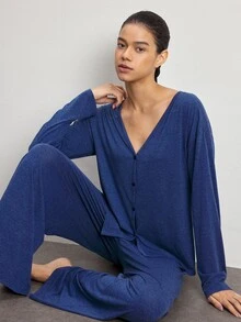 Ocili 極簡舒適無領軟質女款居家休閒套裝 - 水鴨藍 - 查看 7